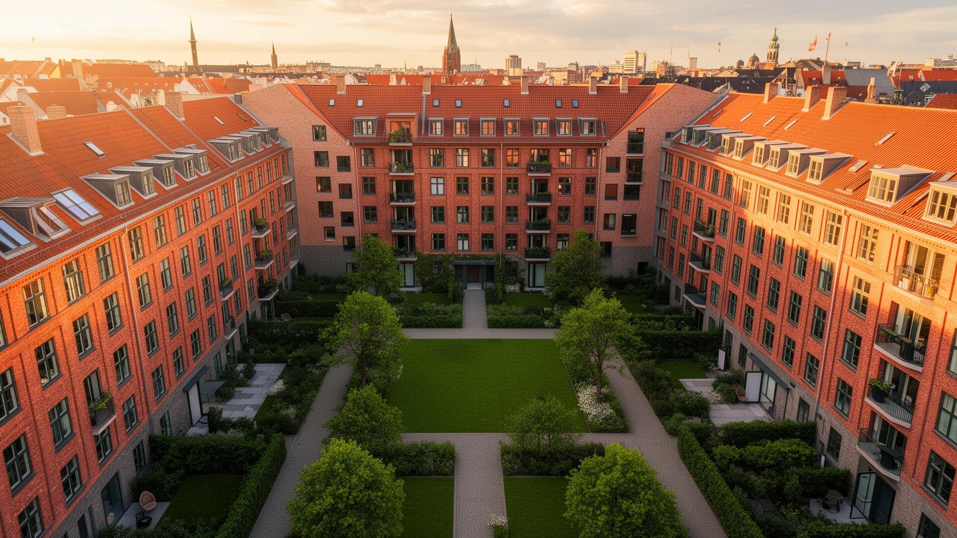 Skandinaviske ejendomme i solnedgang